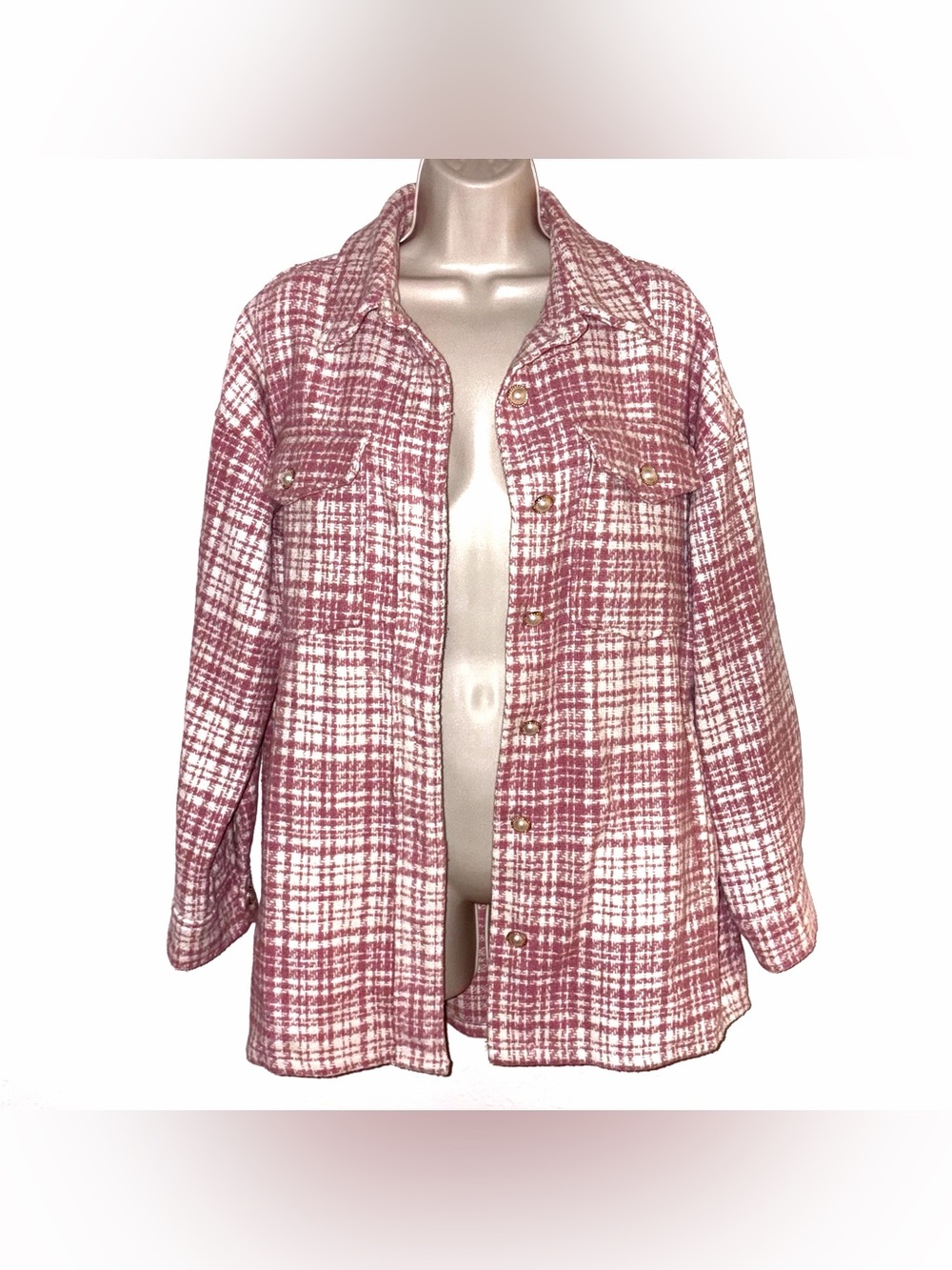 Forever 21 Pink and Cream Plaid Button-Front Shacket